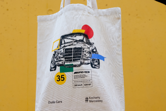 torba płócienna na zakupy mercedes-benz duda-cars z kolekcji red pig mercedes sel 300